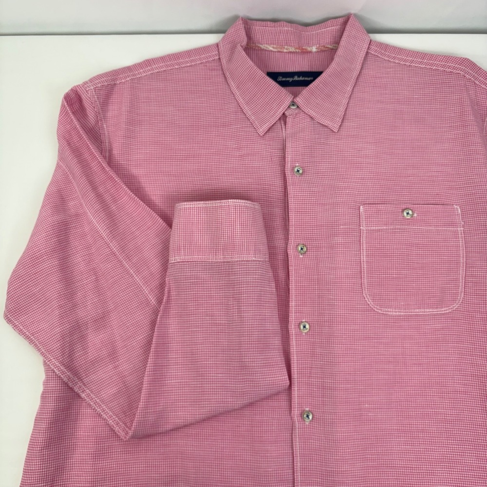 Tommy Bahama Mens Sand Linen Check Pink Gingham Long Sleeve Button Shirt XL